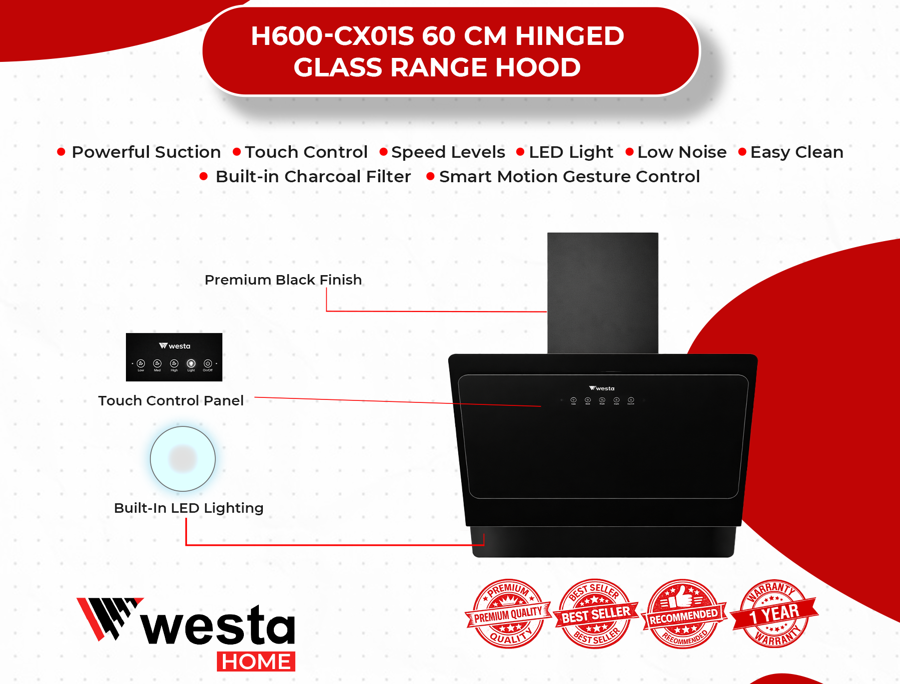 60cm Hinged Glass Range Hood - Image 3