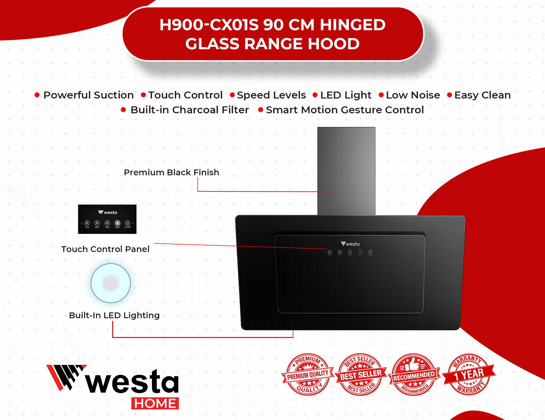 90cm Hinged Glass Range Hood - Image 3