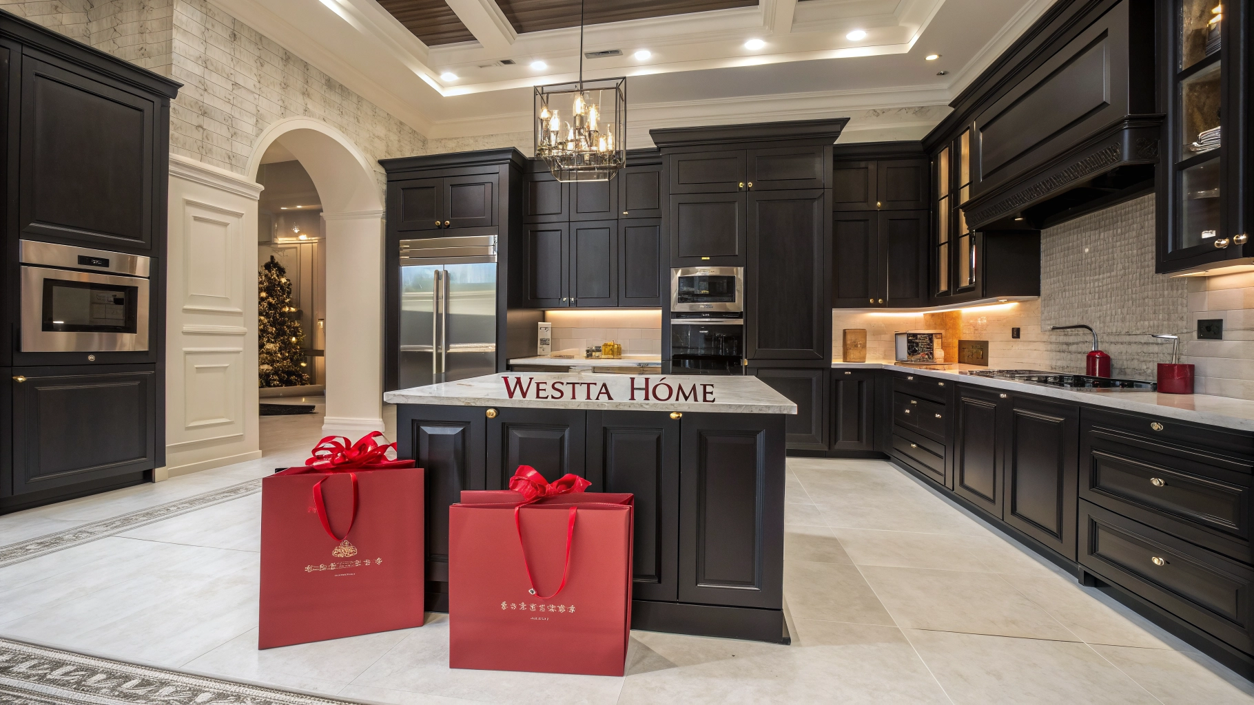 Luxury kitchen showroom with built-in appliances and Westa Home shopping bags